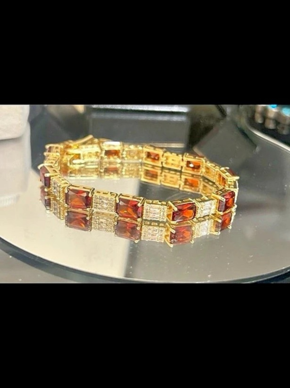 Garnet and clear swarovski elements gold plated tennis bracelet new #529